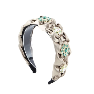 Cerchietto a treccia barocco oro champagne con cristalli verdi e strass scintillanti