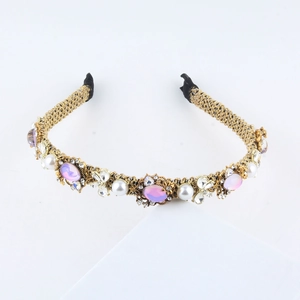 Eleganter gewebter Gold-Haarreif mit rosa Edelsteinen und Perlen im Vintage-Stil