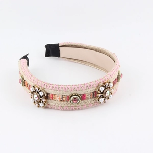 Bohemian hand-woven headband with crystal flowers and pearls on beige knitted fabric