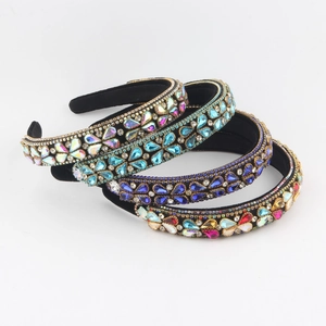 Luxury Fabric Wide Headband For Women Colorful Rhinestone Flower Pattern Baroque Style Hair Band Party Hair Accessories