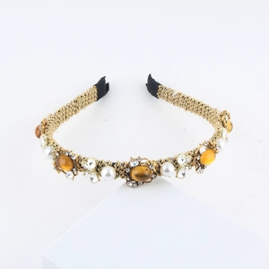 Barock-Haarreif aus goldenem Geflecht mit bernsteinfarbenen Steinen, Perlen und Strass