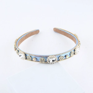Luxurious light blue sponge headband with sparkling crystals and gold floral details