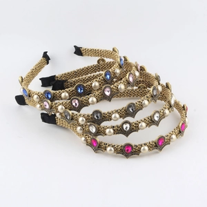 Vintage Baroque Braided Gold Alloy Headband with Pear Shaped Rhinestone and Imitation Artificial Pearl Luxury Hair Hoop for Women