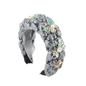 Ornate denim-style headband with pearls, blue butterflies and sparkling crystals