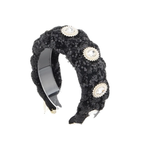 Luxurious black sequined headband with vintage rhinestone and pearl embellishments