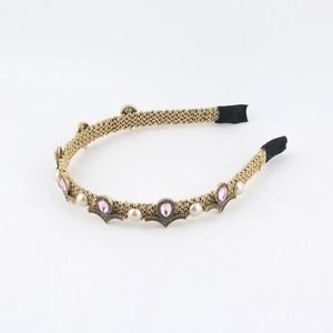 Vintage gold pearl headband with pink pear-shaped gemstones in elegant French style