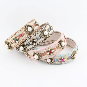 Vintage Bohemian Woven Rhinestone Headband Fabric Alloy Faux Artificial Pearl Hairband Western Ethnic Hair Accessories For Women