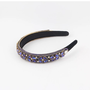 Luxury blue rhinestone padded velvet headband with elegant crystal beads and gold trim