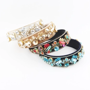 Baroque Vintage Rhinestone Headband For Women Luxury Heavy Craft Wide Padded Sponge Hairband Colorful Gemstone Floral Hair Accessory