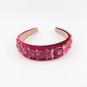 Luxury rose red velvet headband with baroque rhinestones and pink crystals