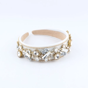 Baroque white sponge headband with rhinestones and grey fabric flowers for women