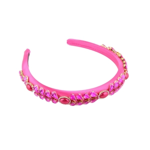 Elegant pink rhinestone headband with teardrop gems and pearls on a golden base