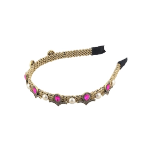 Elegant vintage gold woven headband with pink teardrop gems and white pearls