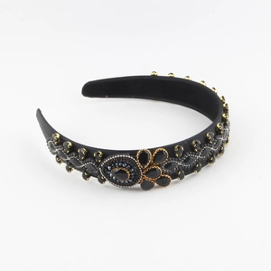 Vintage Baroque headband for women with black rhinestones and gold metal accents
