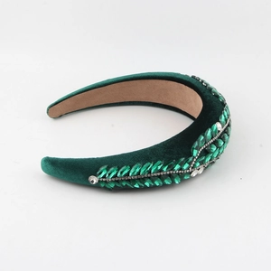 Baroque dark green velvet headband with rhinestones and emerald crystals