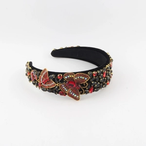 Vintage Baroque wide headband with black velvet, red crystals, and 3D metal butterflies