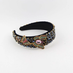 Baroque wide velvet headband with blue crystals and handcrafted colorful butterfly charms