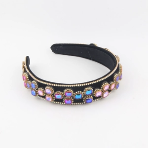 Baroque style velvet headband with colorful rectangle rhinestones and crystal borders