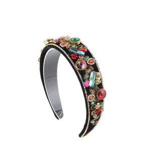 Baroque style wide headband with colorful crystals and rhinestones on black velvet