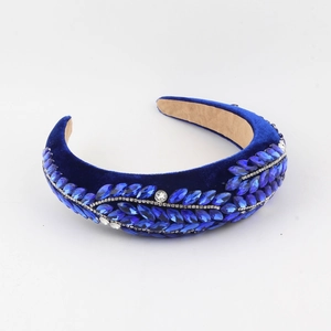 Baroque padded blue velvet headband with crystal leaf embroidery and white rhinestones