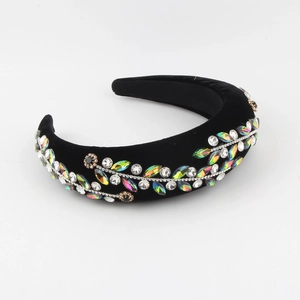 Serre-tête baroque en velours noir avec strass en cristal colorés étincelants pour femme