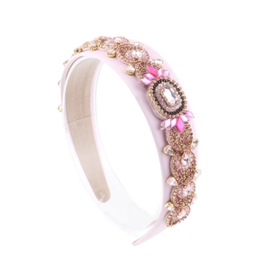 Baroque style pink satin headband with luxury floral rhinestones and crystal beads