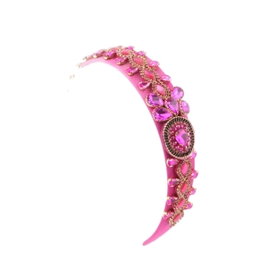 Baroque style wide headband in pink satin featuring luxury rhinestone floral embellishments