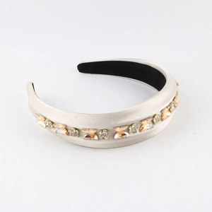 Elegant wide headband featuring champagne satin and butterfly crystal rhinestones