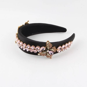 Baroque black velvet headband with pink crystals and gold butterfly detail