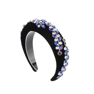 Serre-tête rembourré en velours baroque avec strass brillants bleus et blancs