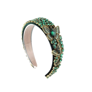 Vintage Baroque green velvet headband with emerald rhinestones and golden butterflies