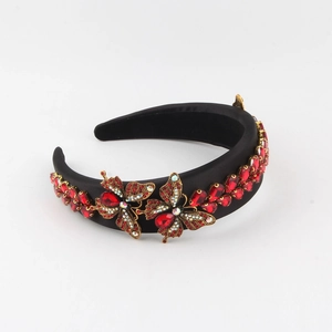 Baroque padded headband with red crystals and gold metal butterflies on black satin fabric