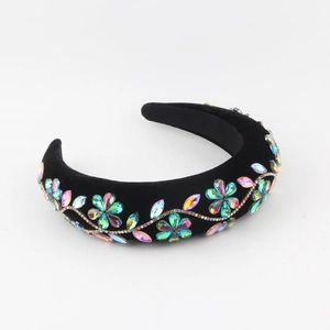 Sparkling crystal padded velvet headband with colorful rhinestone floral patterns