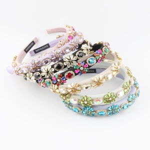 Baroque Rhinestone Flower Headband Vintage Padded Fabric Hairband Crystal Gemstone Accessories For Women Wedding Party