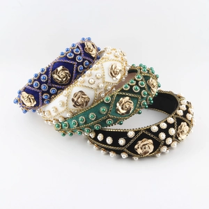 Baroque Vintage Velvet Padded Headband For Women Luxury Faux Artificial Pearl Rhinestone Metal Rose Wide Hair Hoop Accessory