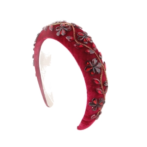 Luxurious wide padded sponge headband with red velvet and sparkling crystal flowers