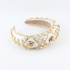 Baroque style white padded headband with golden roses and pearls for women
