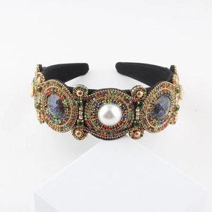 Luxus Barock-Stil Glas Strass Breiter Haarreif Damen Vintage Schwarz Stoff Stirnband Mit Künstliche Perlen Und Kristall Zubehör