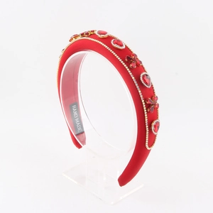 Vintage red velvet padded headband with crystal rhinestones and handmade floral details
