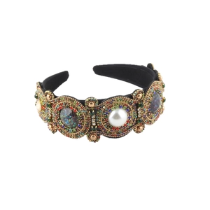 Barock Samt Haarreif mit bunten Strasssteinen, Perlen und Vintage Goldbasis