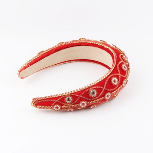 Baroque style red velvet headband with gold rhinestones and non-slip lining