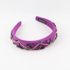 Baroque purple satin headband with crystal flower pattern and golden rhinestone chain