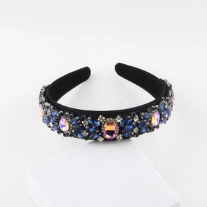 Baroque padded headband with blue and pink rhinestones on a black fabric base