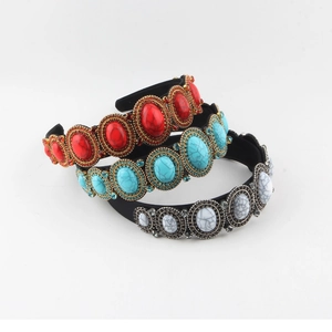 Vintage Palace Style Wide Headband Rhinestone Marble Pattern Gemstone Hair Band Bohemian Luxury Women Hair Accessories