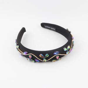Baroque black velvet wide headband with colorful rhinestone butterfly and floral chain