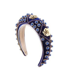 Baroque blue velvet padded headband with gold rose metal pieces and crystal rhinestones