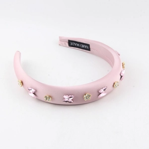 Pink wide headband with crystal butterflies and golden flower rhinestones