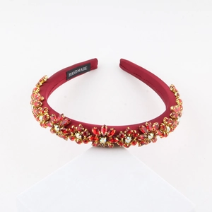 Baroque style wide headband with red crystal flowers and gold metal settings