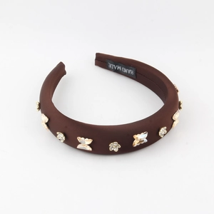 Brown satin headband featuring sparkling rhinestone butterflies and floral accents for women