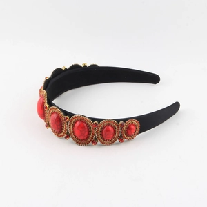 Baroque wide headband with red marble texture stones and gold crystal borders